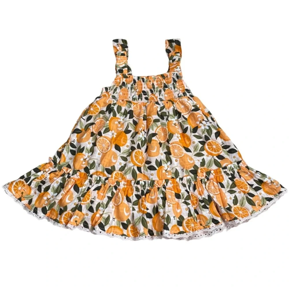 NEW SINCERELY JULES Eyelet Orange Citrus‎ Print Smocked Tiered Dress Toddler 18M